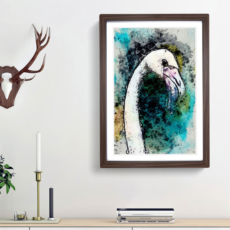 A Pink Flamingo Bird in Abstract - Picture Frame Painting Print, 48cm H x 36cm W x 2cm D, Walnut Framed