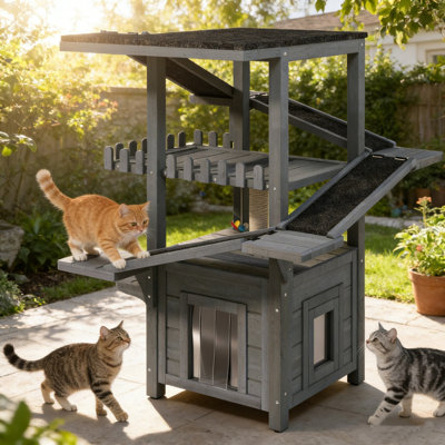 Arbre à chat à 4 niveaux en bois résistant aux intempéries, tour pour chat extérieure / intérieure avec toit en asphalte imperméable, abri privé et zones de jeu interactives pour chats sauvages / d'intérieur
