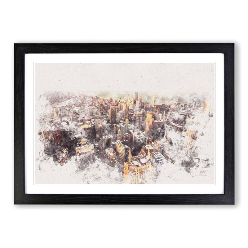 Flying Over The Chicago Skyline - Single Picture Frame Painting on MDF, Black Framed, 40cm H x 60cm W x 2cm D