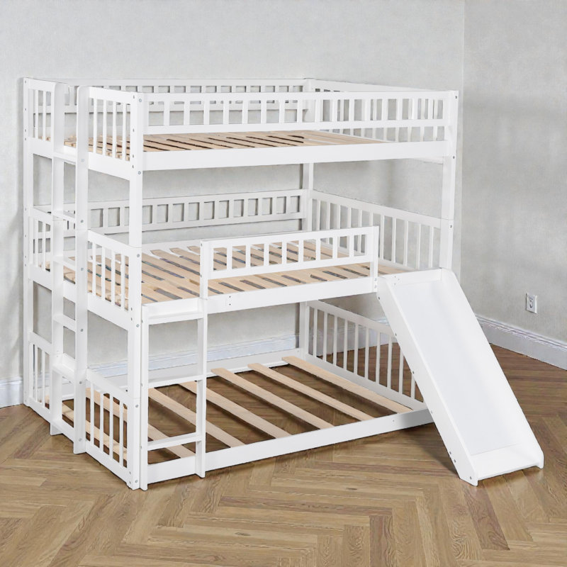 Full-Over-Full-Over-Full Triple Bunk Bed, Wood, Built-In Ladder & Slide, Contemporary, Kids & Teens Room, White