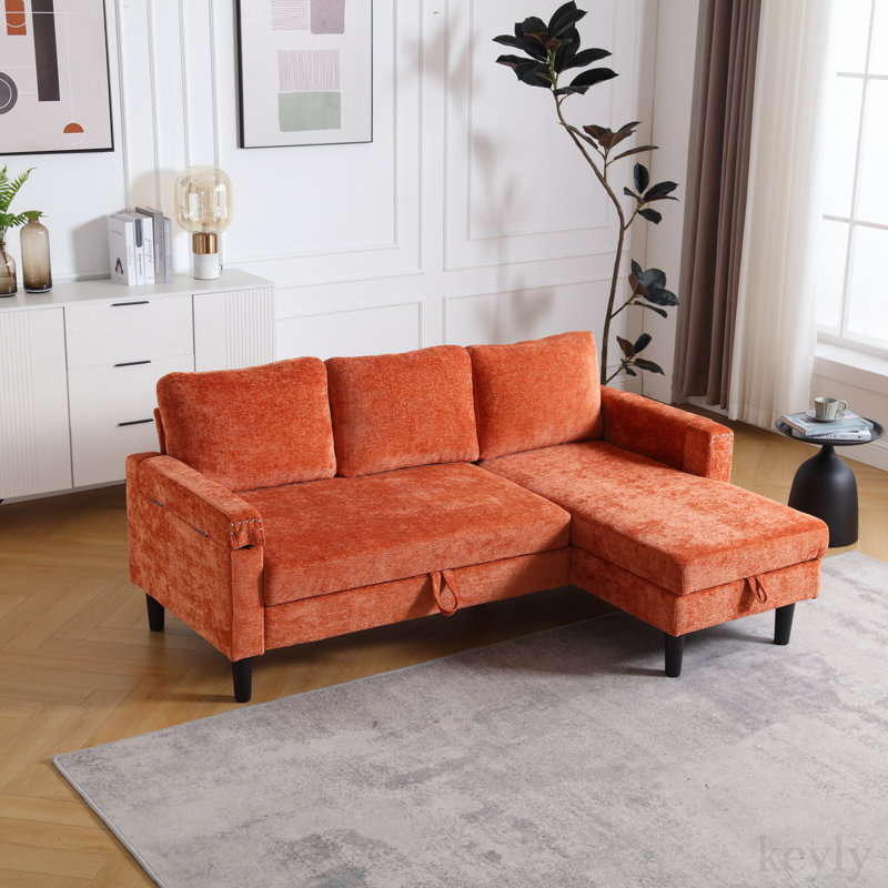 Sectional Sofa Reversible Sectional Sleeper Sectional Sofa with Storage Chaise, Orange Chenille