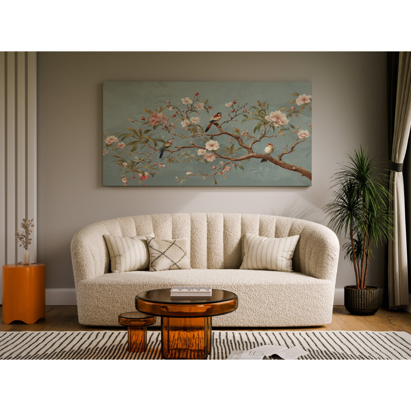 Très grande branche de fleur prête à accrocher, art mural chinois sur toile, H 20 po x l 40 po x P 1,5 po