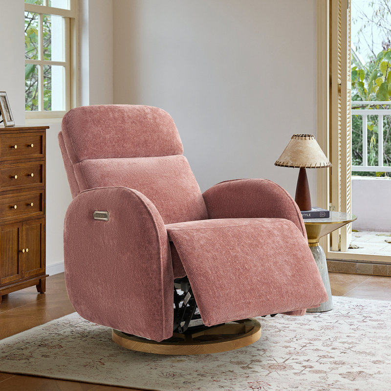 Barrau Cuddle 32.25" Modern Swivel Glider Power Nursery Recliner with Electric Headrest and Lumbar Support, Pink