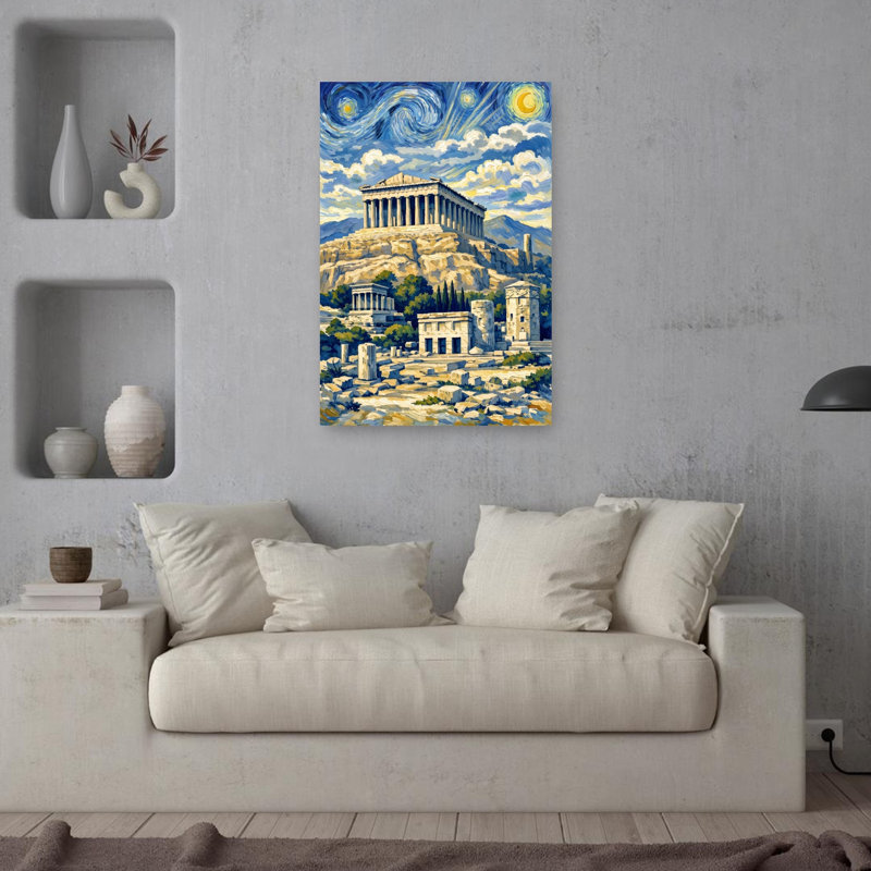Parthenon Starry Night Vibrant Abstract Contemporary Architecture City Wall Art Print by HUGO - Wrapped Canvas Print