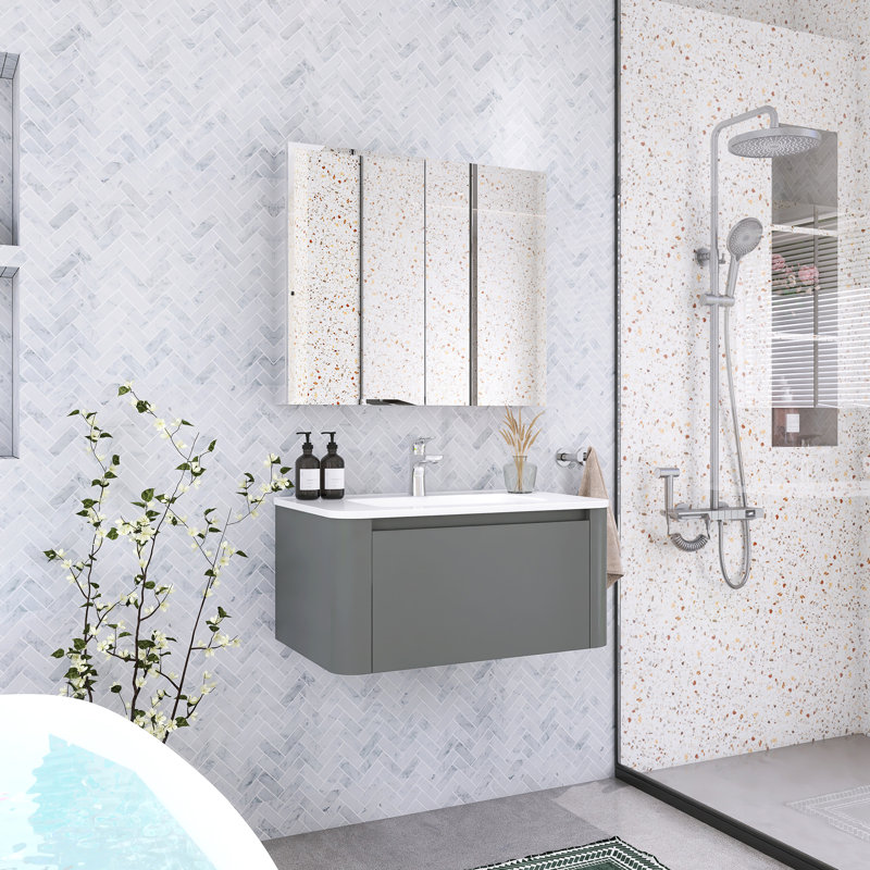 Meuble-lavabo mural moderne en noyer foncé avec lavabo en céramique et deux tiroirs, 30"