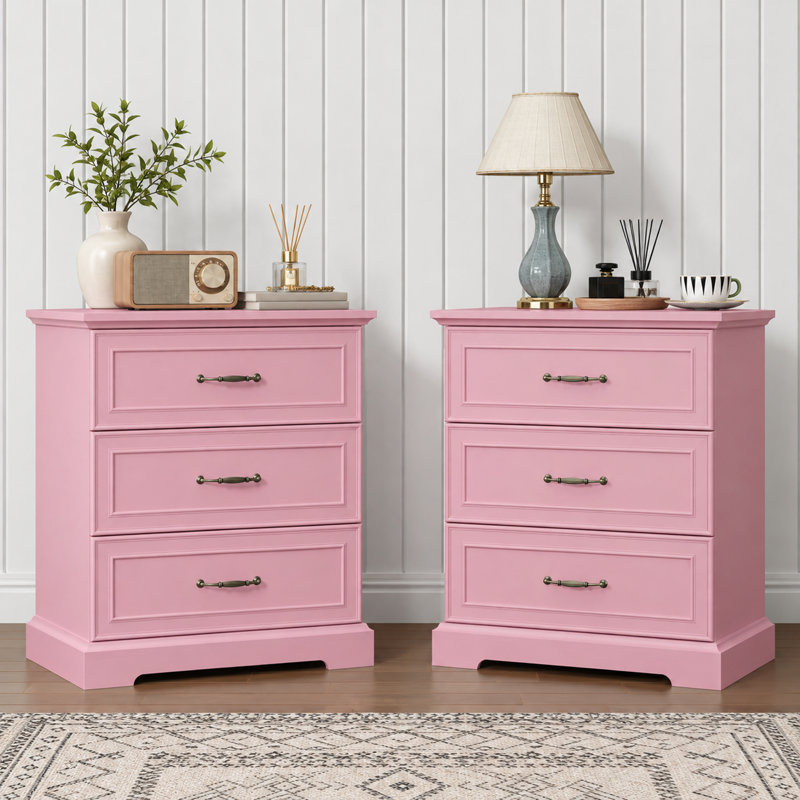 Ensemble de table de chevet à 3 tiroirs de 23,6 po avec 2 poignées en métal pour chambre à coucher, Pink
