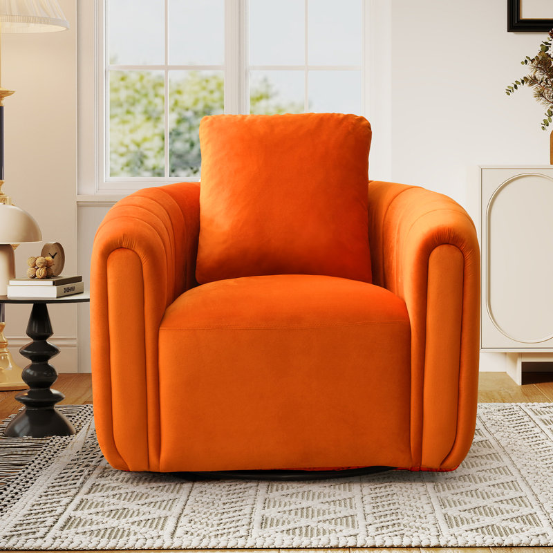 Deria 30.5'' W Velvet Swivel Barrel Chair, Orange Red