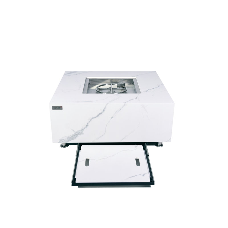 Square Stone Smokeless Outdoor Fireplace, Propane, Bianco White, 42.9cm H x 100.1cm W x 100.1cm D