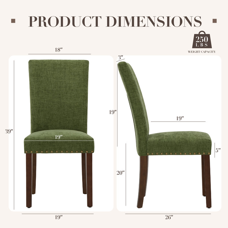 Nailhead Trim Fabric Upholstered Side Chair Wood Dining Chair, Green