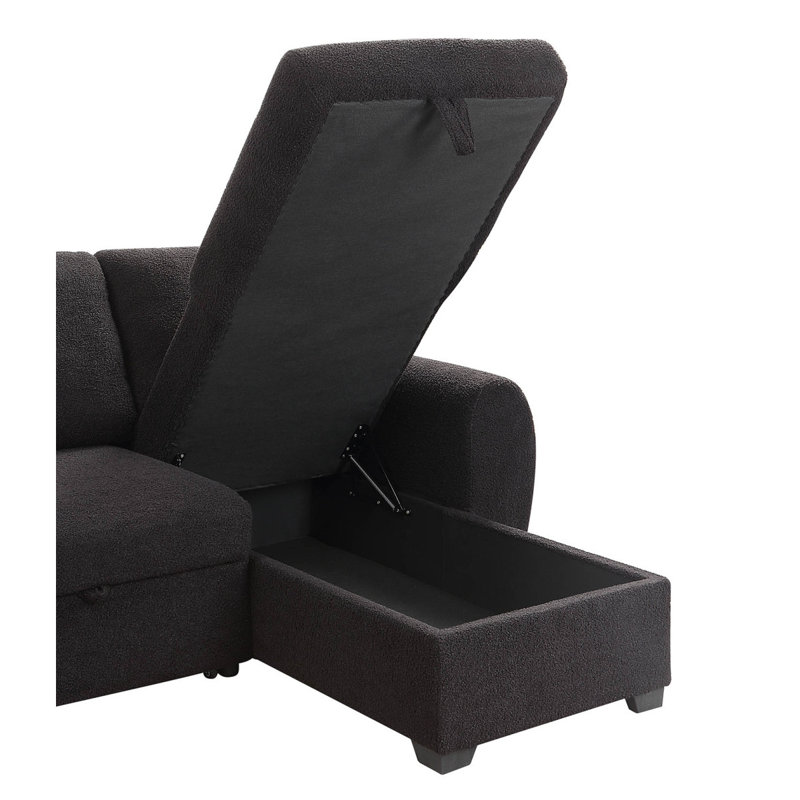 Veronica 95" Black Teddy Fleece Reversible Sleeper Sectional Sofa With Storage Chaise