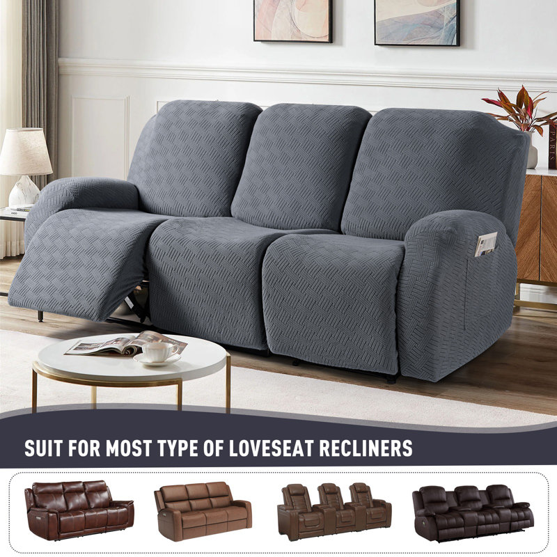 Wald 3 Seats Jacquard Recliner Chair Covers Furniture Protector Recliner Slipcovers With Elastic Bottom For Kids Pets, Gray