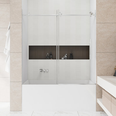 56-60 "W X 60" H Frameless Bathtub Shower Door | Single Sliding | 1/4 Inch Transparent Tempered Glass With Explosion Proof Film | Stainless Steel Handle | Brushed Nickel