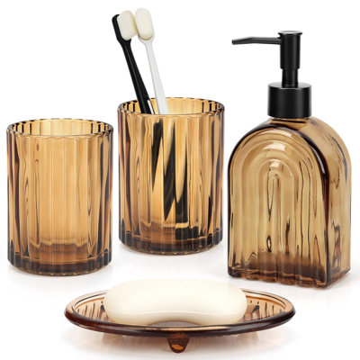 Ensemble d'accessoires de salle de bain en verre 4 pièces, ensemble d'accessoires de salle de bain ambre | L'ensemble de porte-brosse à dents pour lavabo de salle de bain comprend un distributeur de savon à mains / lotion, un gobelet et un porte-savon