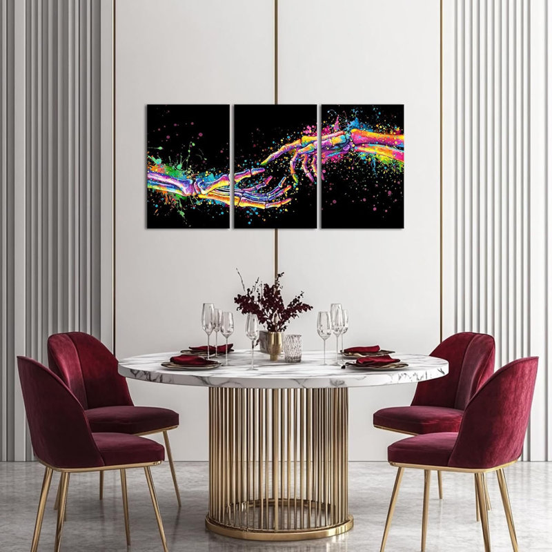«Gothic Skull», art mural sur toile, ensemble de 3 pièces, mains de squelette de graffiti coloré, image murale, décor de chambre à coucher romantique, art de la giclée moderne encadrée