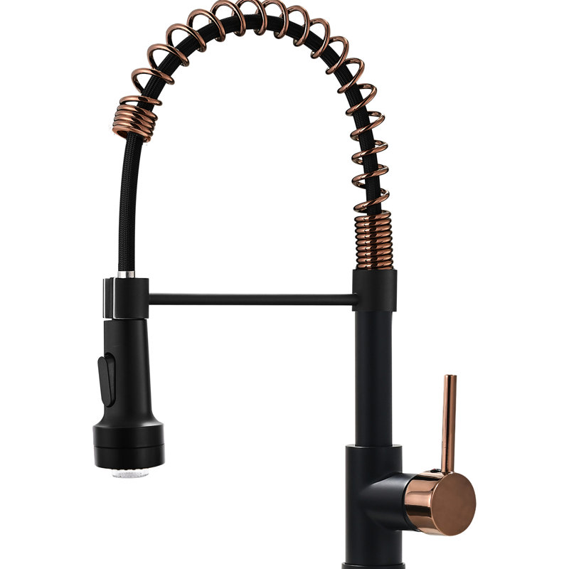 Robinet de cuisine à DEL avec poignée rétractable, poignée simple, finition noire et or rose, design contemporain, remplissage en céramique, bec rotatif à 360 degrés, évier à poignée avec empreintes digitales Corrosion