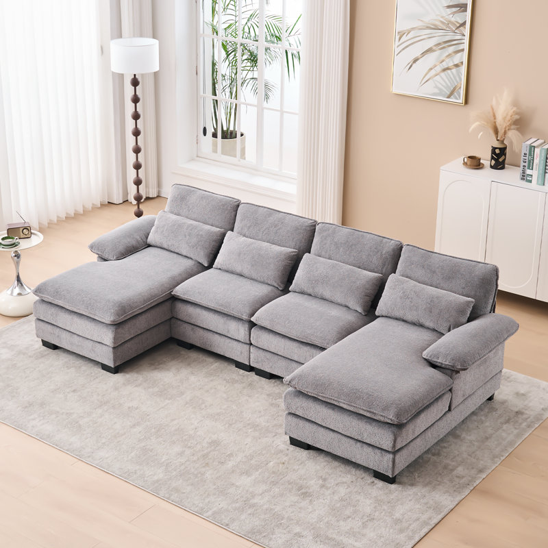 Canapé modulaire rembourré en U 111,8 po Balendin, Chenille gris pâle