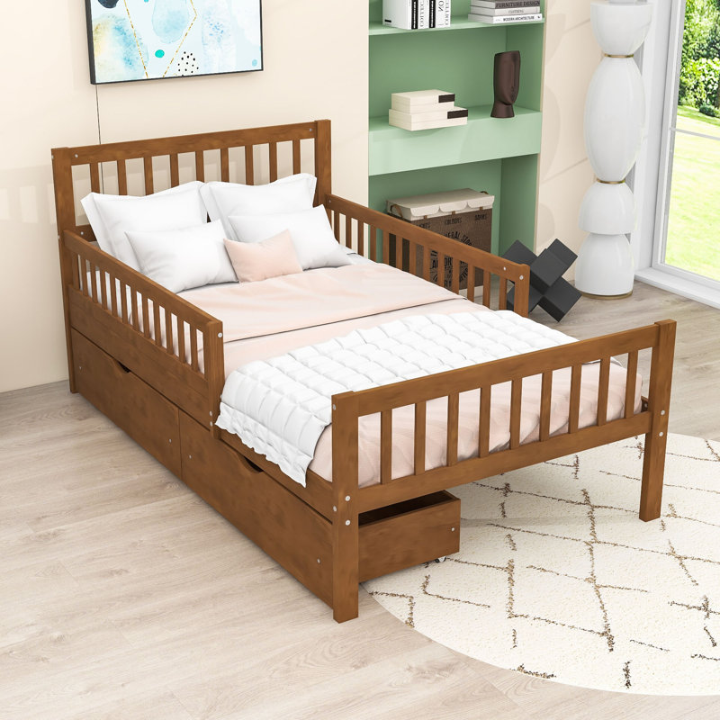 Lit plateforme en bois avec garde-corps et deux tiroirs de rangement, Simple
