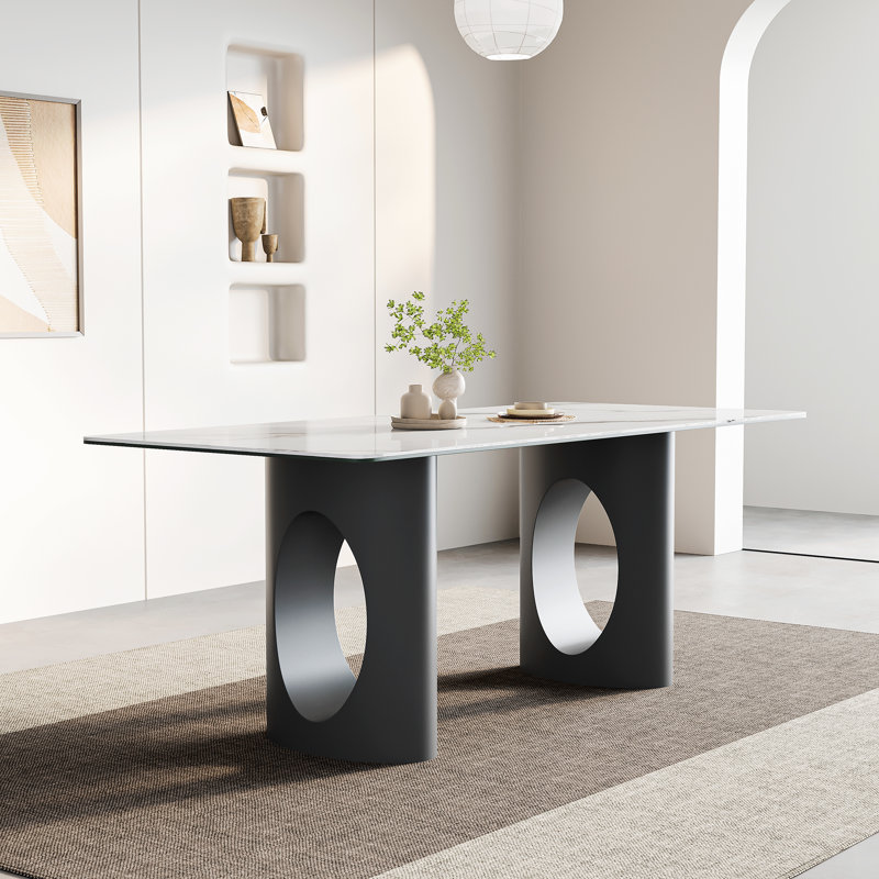 70.87" Stone Top Dining Table with Dual Oval Pedestal Metal Base, Seats 6–8, Black