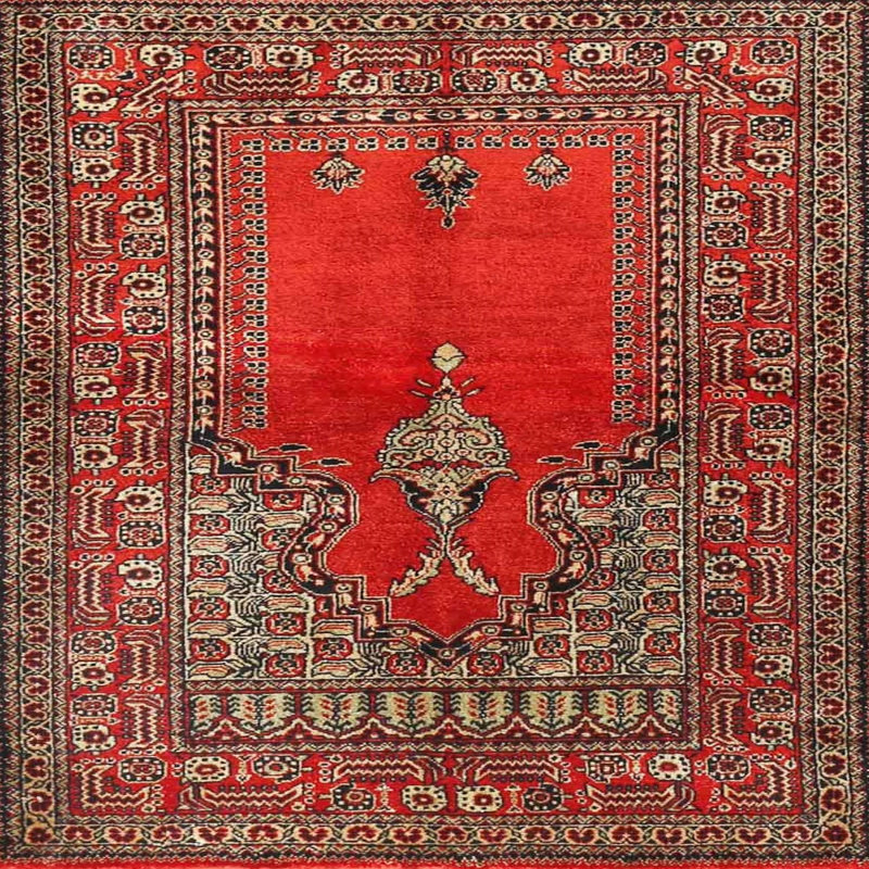 Tapis oriental rouge / gris, Carré 5 pi