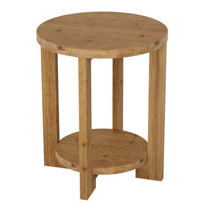 Solid Wood Round End Table,  2-Tier Round Accent Side Table with Storage Shelf