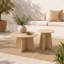 Retro-style nesting coffee table set. Available in walnut or natural wood finishes. Round nesting side tables with crisscross legs. Ideal for living rooms and dining rooms.