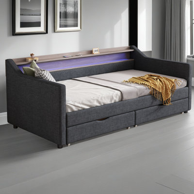 Twin Size Daybed With 2 Storage Drawers And 2-Tier Shelf & USB/Type-C Port, Modern Linen Upholstered Sofa Day Bed Frame With Smart LED Light For Livingroom, Apartment