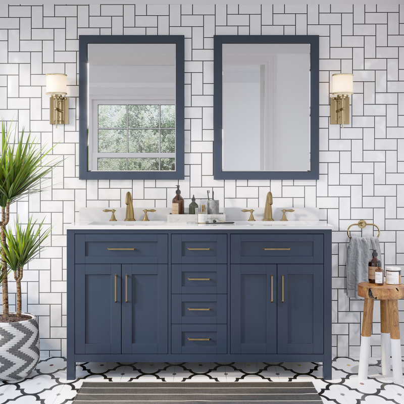 Ensemble de meuble-lavabo double 60 po avec miroir OVE Decors Tahoe, Blanc Bombey, Bleu minuit