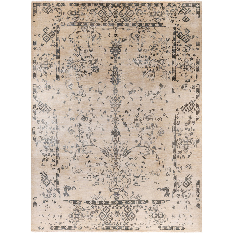 Tapis unique noué à la main ivoire de 9 pi 4 po x 12 pi 3 po Leonard