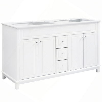 Armoire de meuble-lavabo 58 po seulement, 3 tiroirs et 4 portes (2 avec tablettes à double couche), pieds en bois massif, tous à fermeture en douceur