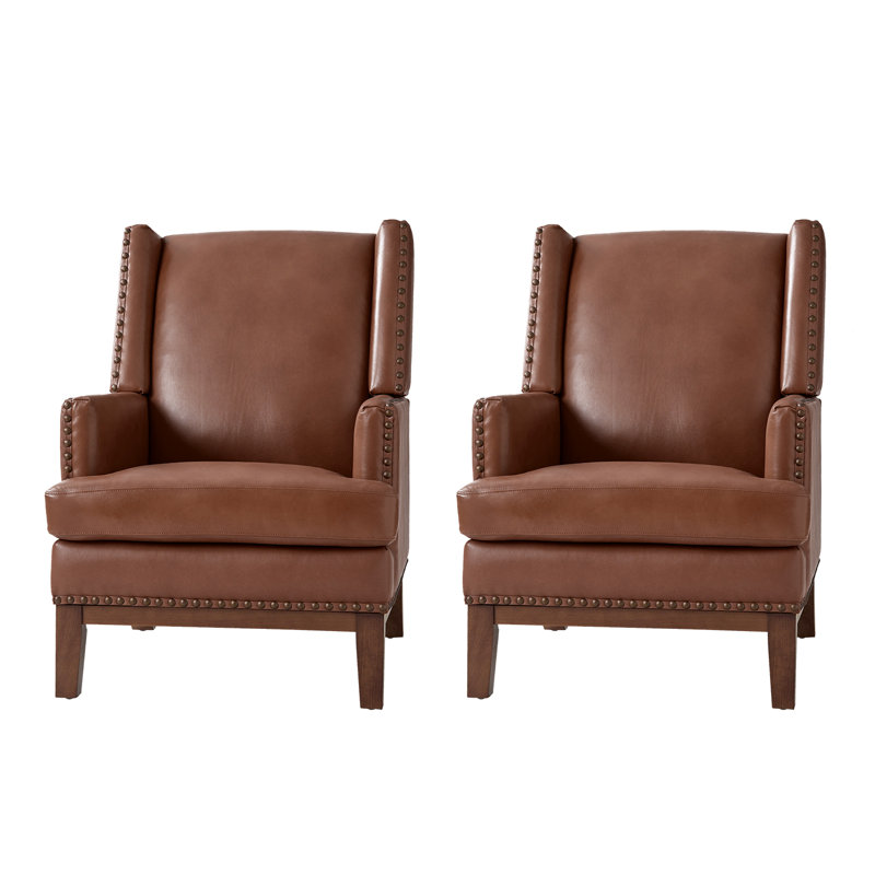 Ariston Genuine Leather Wingback Club Chair With Solid Wood Leg, Brown