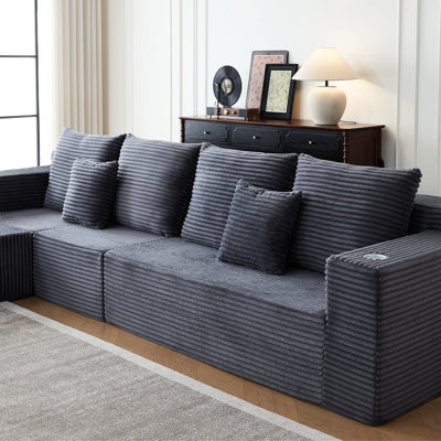 Canapé modulaire en velours côtelé gris profond avec sièges porte-gobelets, sans assemblage, idéal pour se détendre devant les sièges de télévision en nuage, tissu, supports, après-midi de dimanche paresseux