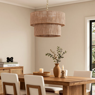 17.7" 4-Light Dimmable Drum Chandelier With 2-Tier Ratten Shade