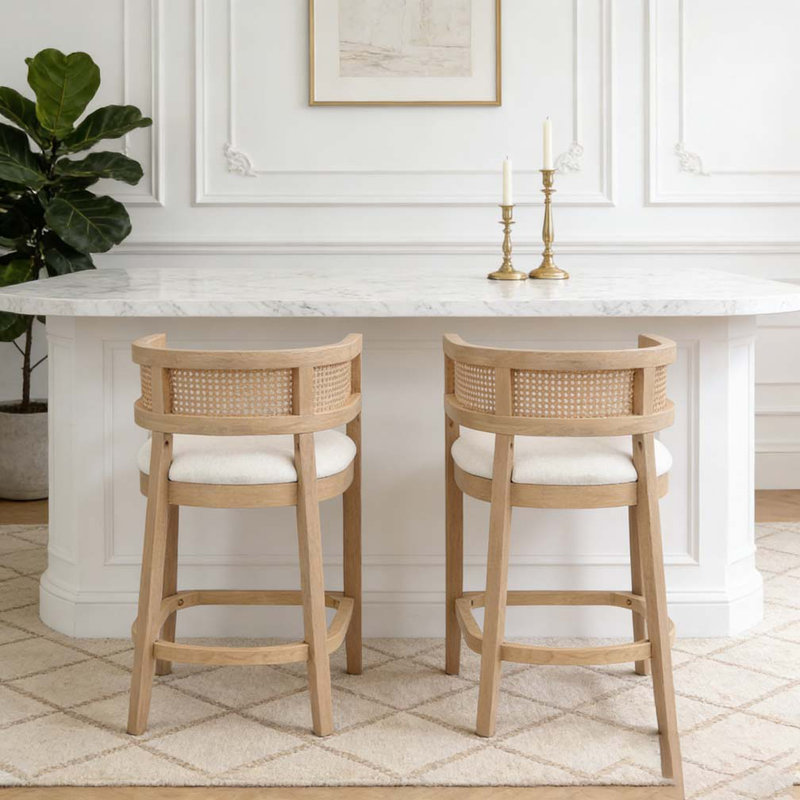 Wood And Rattan Upholstered Arm Counter Stools, Beige,Natural Ash