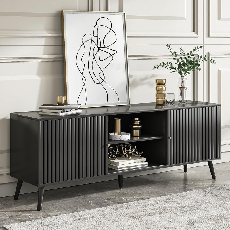 Black Mid-Century Modern TV Stand with Sliding Doors and Storage