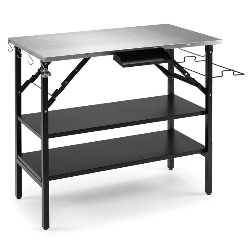 Station de cuisson pliable extérieure avec 2 tablettes amovibles, support pour sac poubelle et 4 crochets en S