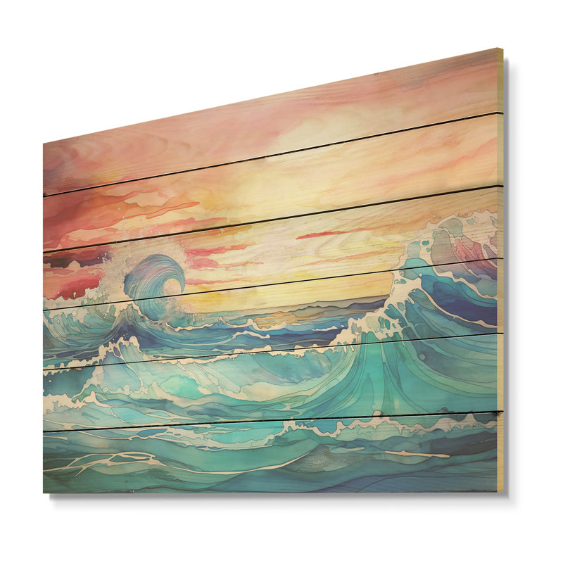 Rainbow Ocean Sunrise I - Art sur bois de pin naturel, H 10 po x l 20 po