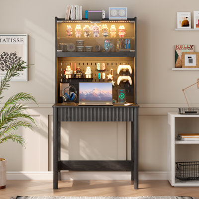 64"H Computer Desk with LED Light & Power Outlet, Home Office Desk with 2 Drawers and Display Shelves