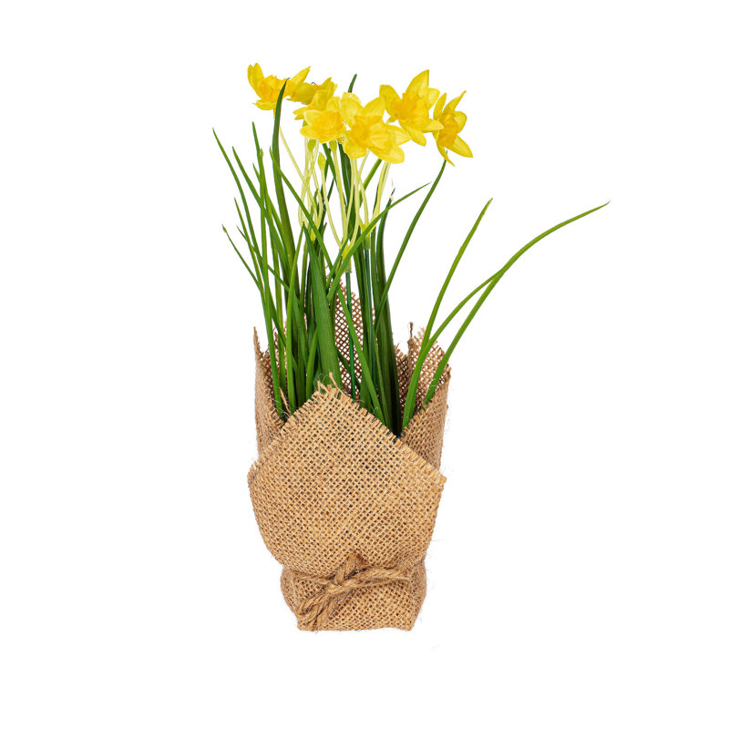 10'' Yellow and White Artificial Daffodil Burlap Potted Arrangement