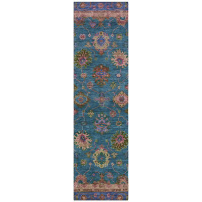 Machine Washable Indoor/Outdoor Xhevrie Teal Rug