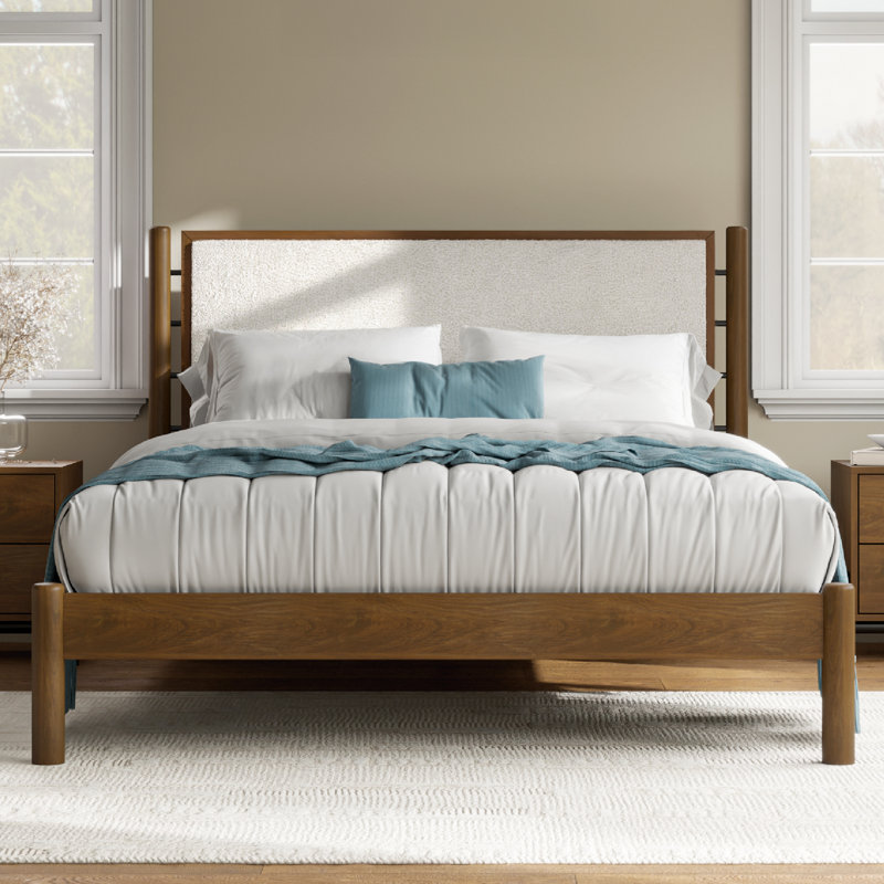 Levi Solid Wood Boucle Upholstered Headboard Bed Frame, Queen