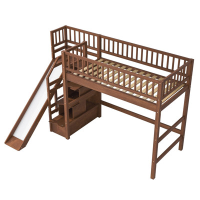 Twin Size Loft Bed with Storage Staircase, Slide and LED Light