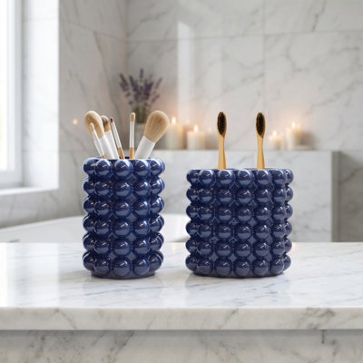 Riehemann Bubble Textured 2-Piece Bathroom Accessories Set, Resin Toothbrush Holder & Tumbler Cup Organizer for Bathroom Countertop, Navy