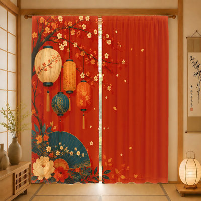 2 pièces de rideaux de lanterne chinoise, fond rouge festif, cerisiers en fleurs et pivoines, lanternes suspendues rétro, motif de ventilateur décoratif, filtrage de la lumière pour le salon, la chambre à coucher, le balcon, la cuisine