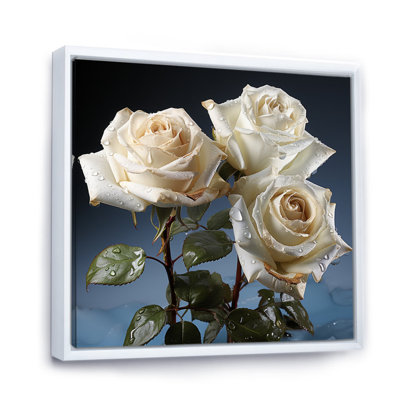 Monocrhome roses blanches en fleurs, H 16 po x l 16 po x P 1 po, Cadre flottant blanc