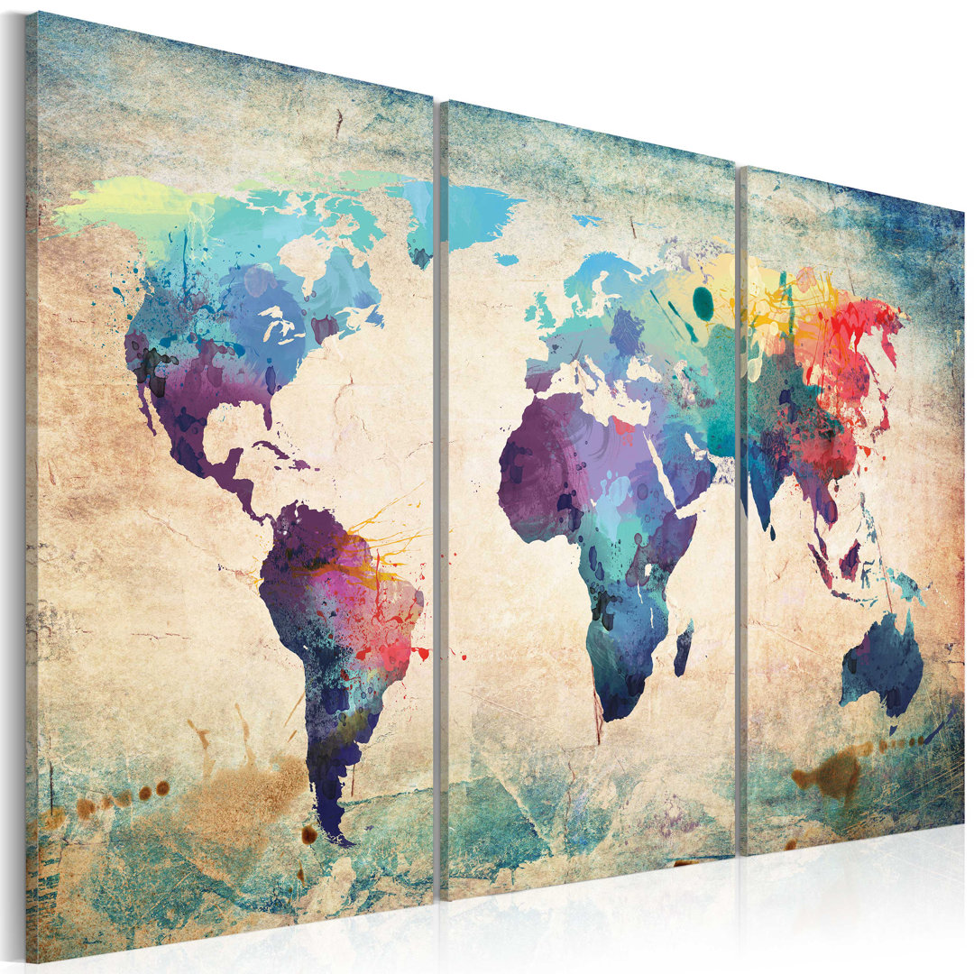 3-tlg. Leinwandbilder-Set Colorful World Map