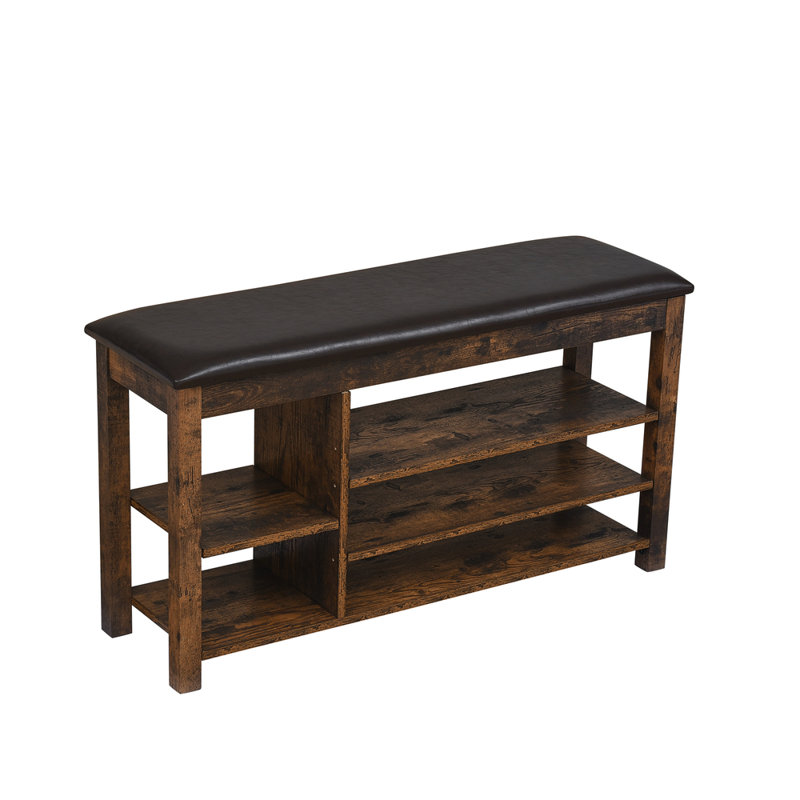 shoe-changing bench with PU leather seat and open shelves, Brown