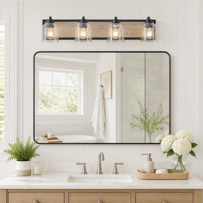 Farmhouse Vanity Light Fixture, 4-Light Bathroom Wall Sconce with Clear Seeded Glass Shades, Black and Wood Grain Finish, Modern Industrial Design for Bathroom or Powder Room (No Bulbs)