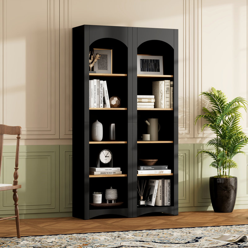 Free Standing 5 Tier Bookshelves, Bookcases Set Of 2, Farmhouse Two-Tone Storage Cabinet With Adjustable Shelves, Modern 72"H Kitchen Pantry Cabinet For Living Room, Home Office, Black