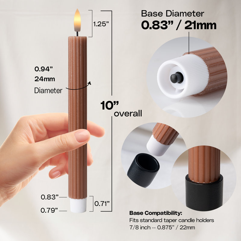 Fluted Ribbed Grooved LED Flameless Taper Candles, Remote, On/Off Button, Battery Operated, 6 Pack, Brown