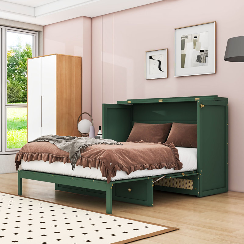 Grand lit escamotable en bois avec tiroirs de rangement, Green